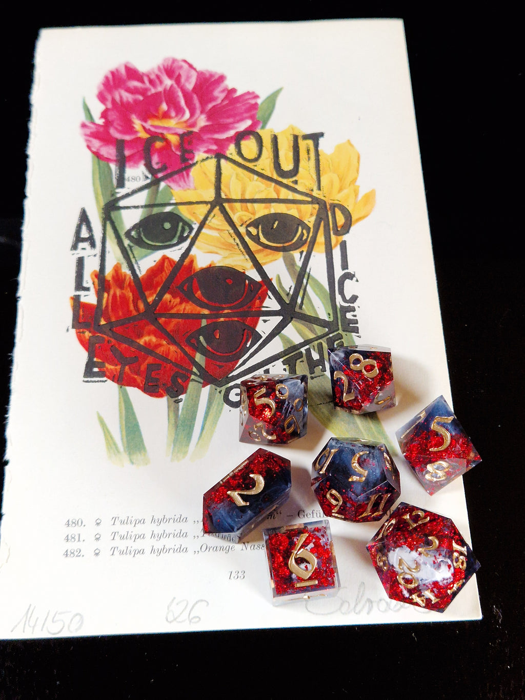 Art & Dice Bundle – Limited Linocut Print + Polyhedral Dice Set "Bloodmoon Bloom"