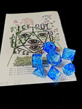 Art & Dice Bundle – Limited Linocut Print + Polyhedral Dice Set "Oracle of the blue Sky"