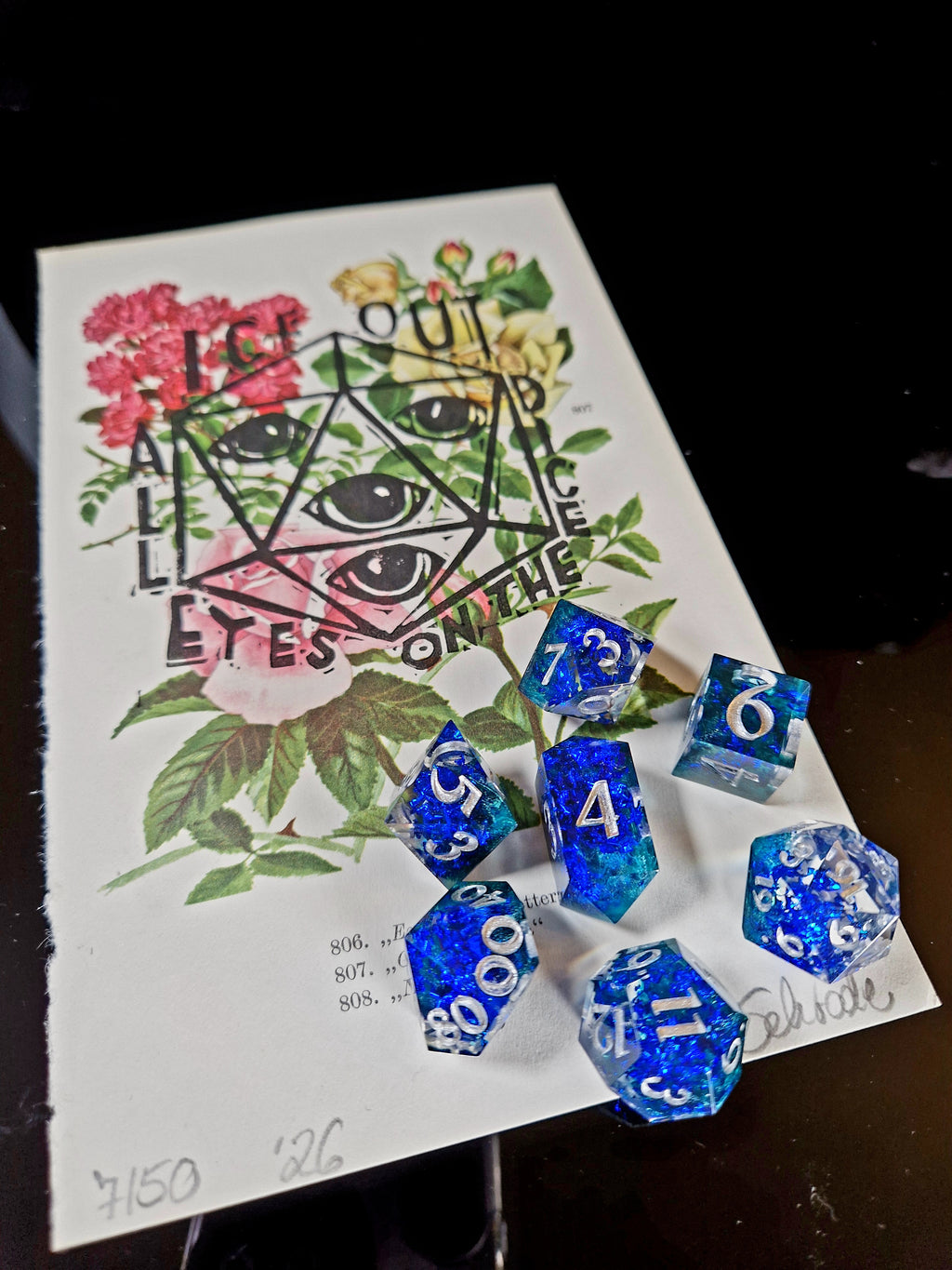 Art & Dice Bundle – Limited Linocut + Polyhedral Dice Set "Deepwater Prism"